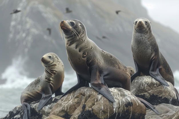 Focas de pele nativas nas rochas da Nova Zelândia