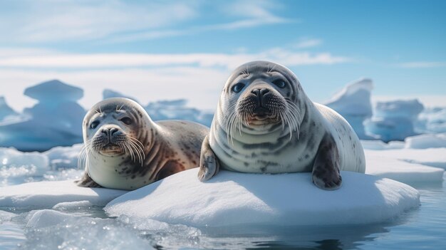 Foto focas descansando em blocos de gelo na antártida