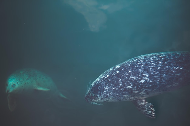 Las focas nadando bajo el mar