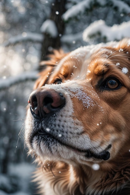 Focinho de cachorro em uma manhã de neve