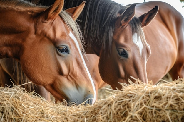 Focinho de cavalo enterrado em um fardo de feno comendo criado com IA generativa