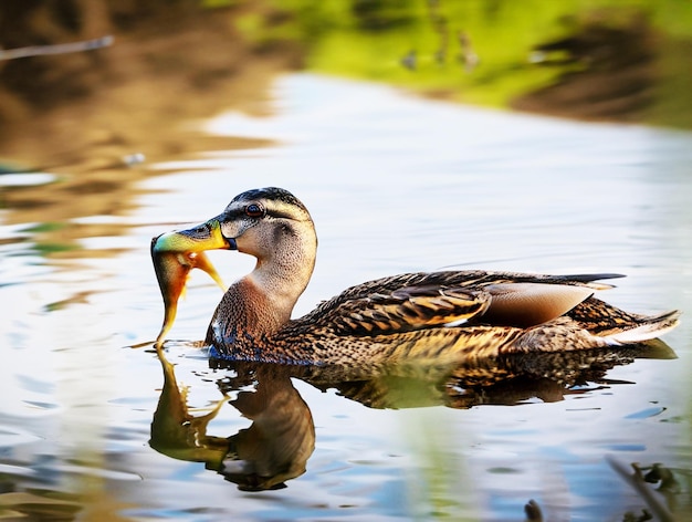 foco aproximado de um pato segurando um peixe em seu bico enquanto ainda submerso parcialmente no pântano