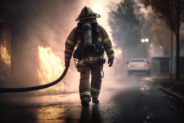 Foco de bombero con manguera de agua extinguiendo fuego en la calle AI Generation