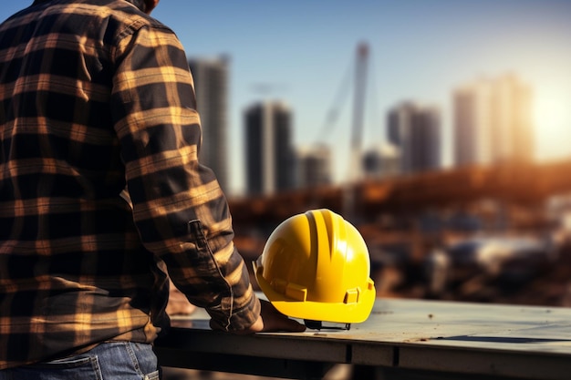 Foco de la construcción Ingeniero con casco amarillo en el telón de fondo del sitio de construcción