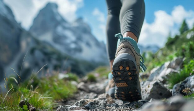 foco em sapatos de pessoas de colheita caminhante nas montanhas