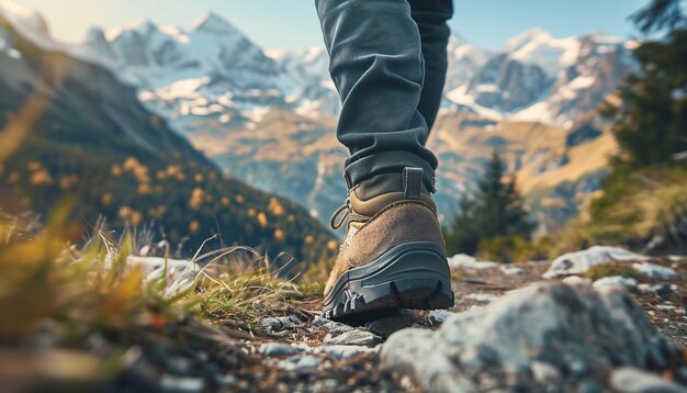foco em sapatos de pessoas de colheita caminhante nas montanhas