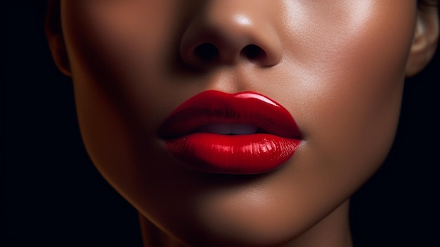 El foco de la foto está en un par de labios cubiertos con un lápiz labial brillante Imagen generativa de IA