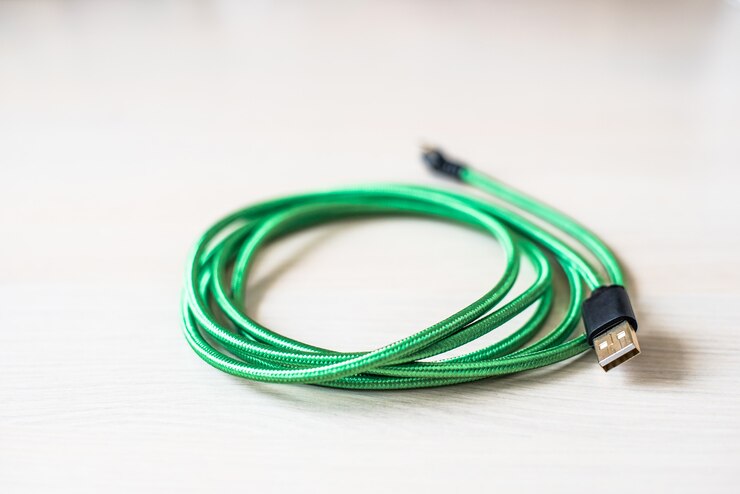 Foto foco no cabo usb verde para telefone e computador