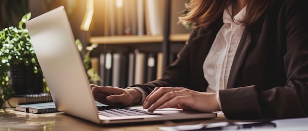 Foco profesional una mujer trabaja atentamente en una computadora portátil en una oficina bien iluminada un símbolo de diligencia empresarial moderna