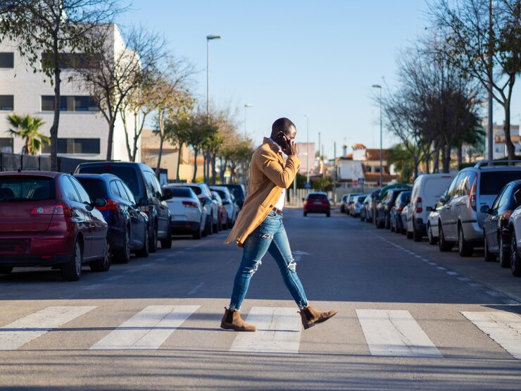 Foto foco raso de um elegante homem africano falando ao telefone enquanto atravessa a rua