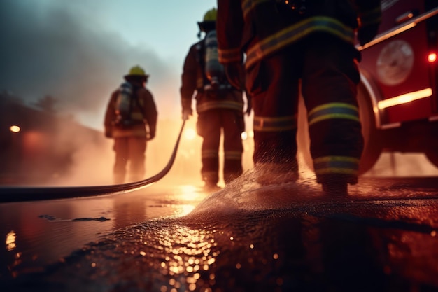 Foco selectivo Bomberos luchando contra un fuego ardiente con llamas Creado con Generati