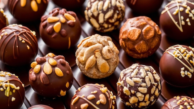 Foco selectivo de caramelos de chocolate cubiertos con nueces con barras de chocolate