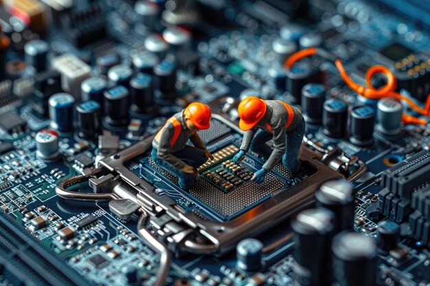 Foto foco selectivo del ingeniero en miniatura y el trabajador fijo y mantenimiento de la placa principal de la computadora