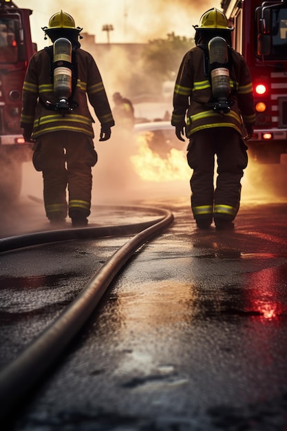 Foco seletivo Bombeiros lutando contra um incêndio com chamas Criado com Generati