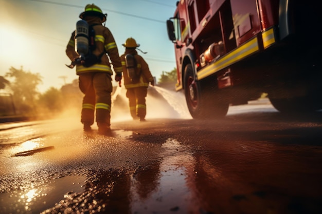 Foco seletivo Bombeiros lutando contra um incêndio com chamas Criado com Generati