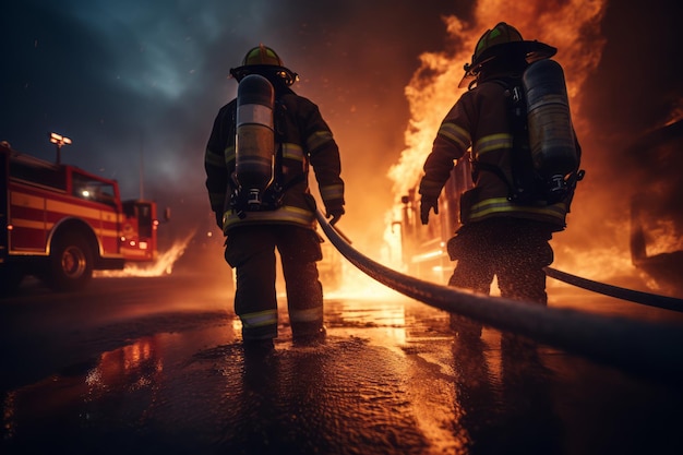 Foco seletivo Bombeiros lutando contra um incêndio com chamas Criado com Generati