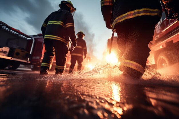 Foco seletivo Bombeiros lutando contra um incêndio com chamas Criado com Generati