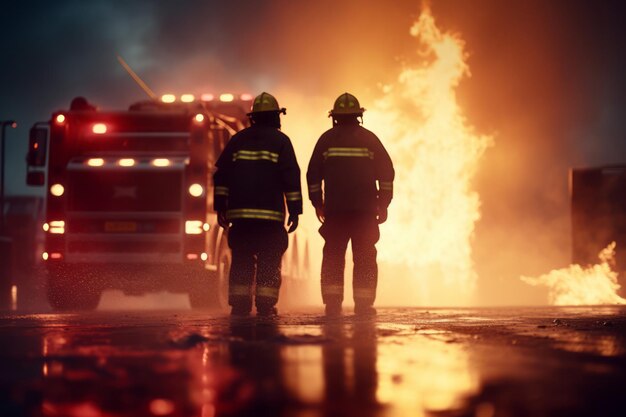 Foco seletivo Bombeiros lutando contra um incêndio com chamas Criado com Generati