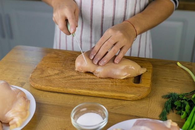 Foto foco seletivo de carne de frango em conserva de mulher