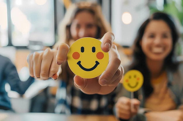 Foco seletivo de menina sorridente segurando adesivo amarelo de rosto sorridente no café Ai gerado