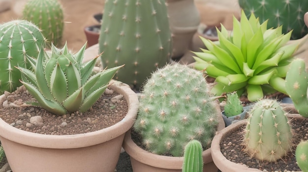 Foco seletivo de oásis no deserto em potes de cactos e aloés ao ar livre