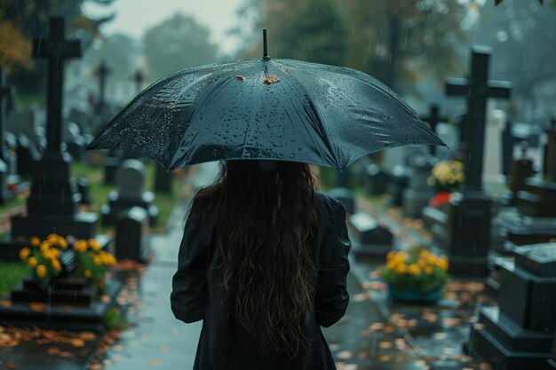 Foto foco seletivo de vista de trás de mulher vestindo vestido preto segurando guarda-chuva em um dia chuvoso em christian