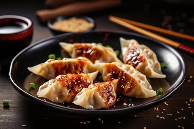 Foco seletivo em bolinhos fritos, molho de soja gyoza e pauzinhos