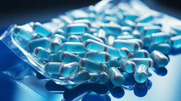 Foto foco seletivo em cápsulas azuis e brancas pílula em fundo branco antibioticos resistentes a medicamentos pílulas de cápsulas antimicrobianas