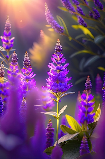 Foco seletivo em flor de lavanda em flores de lavanda de jardim iluminadas pela luz solar Arte digital