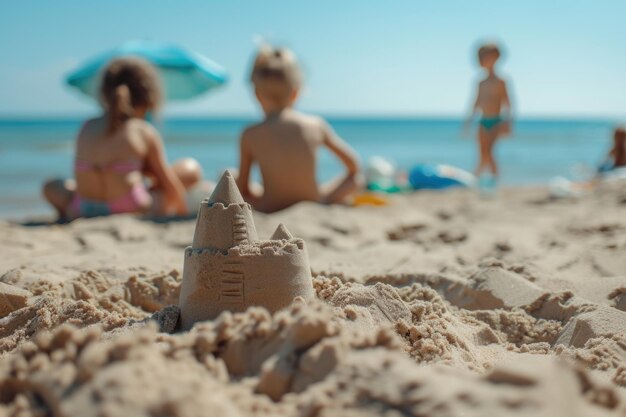 Foco seletivo em um castelo de areia em uma praia de areia