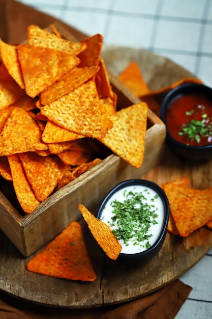 Foco seletivo Nachos de chips de milho em uma tigela de madeira com molhos