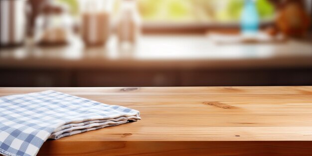 Foto foco seletivo no fundo da cozinha com mesa de madeira e perspectiva de guardanapo