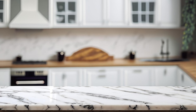 Foco seletivo O tampo da mesa de mármore no fundo branco desfocado da cozinha