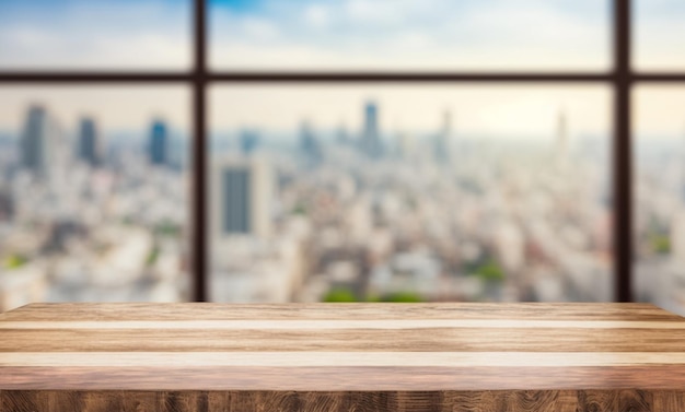 Foco seletivoTopo da mesa de madeira com vidro de janela e fundo da paisagem urbana