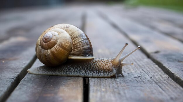 Foto foco suave de um caracol rastejando no pavimento de madeira