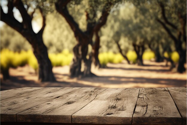 Focus mesa de madera vacía con fondo de olivo natural borroso