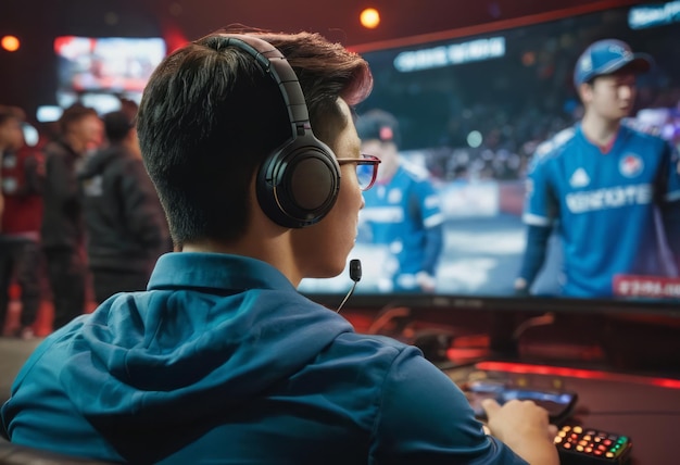 Foto focused gamer participating in an esports competition immersed in the intense gaming environment
