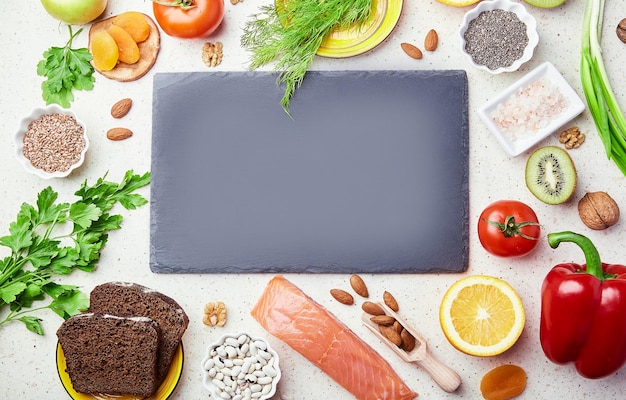 Fodmap Dieta mediterrânea com maquete de espaço de cópia no centro Ingredientes saudáveis de baixo fodmap legumes frutas nozes feijão verde ovo sementes de linho sementes de chia Flat lay