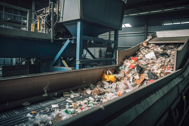 Förderband mit Abfallhaufen in der Recyclinganlage Generative KI