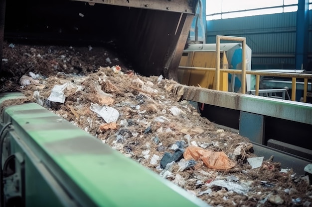 Förderband mit Abfallhaufen in der Recyclinganlage Generative KI