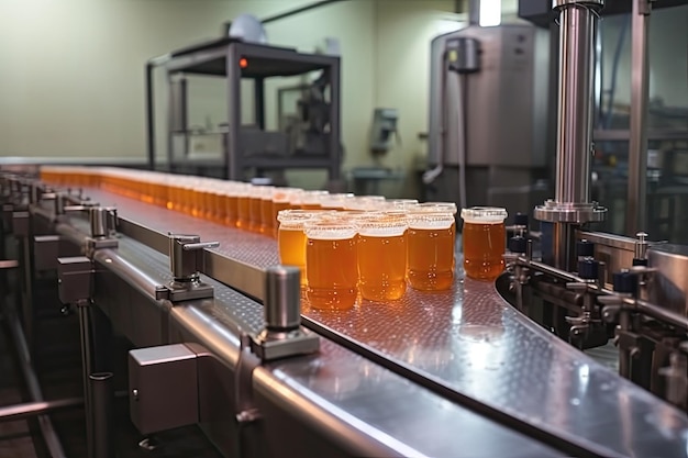Förderband mit Bierflaschen in der Brauereifabrik, Nahaufnahme Produktionslinie der Fruchtsaftfabrik mit Getränke-KI generiert