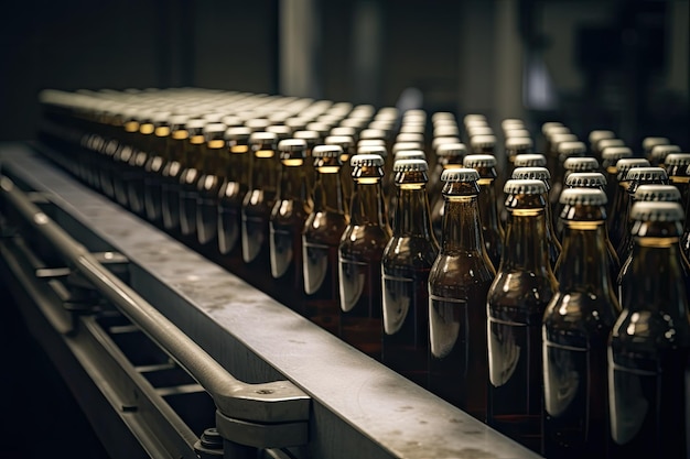Förderband mit Flaschen alkoholischer Getränke in einer modernen Fabrik. Bierflaschen auf einer Förderbandproduktionslinie einer Brauerei. KI-generiert