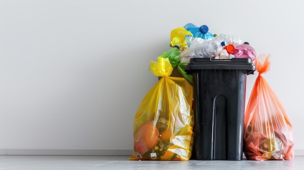 Förderung der Umweltverantwortung mit unserem Bild von Plastiktüten voller Müll neben einem Mülleimer auf weißem Hintergrund