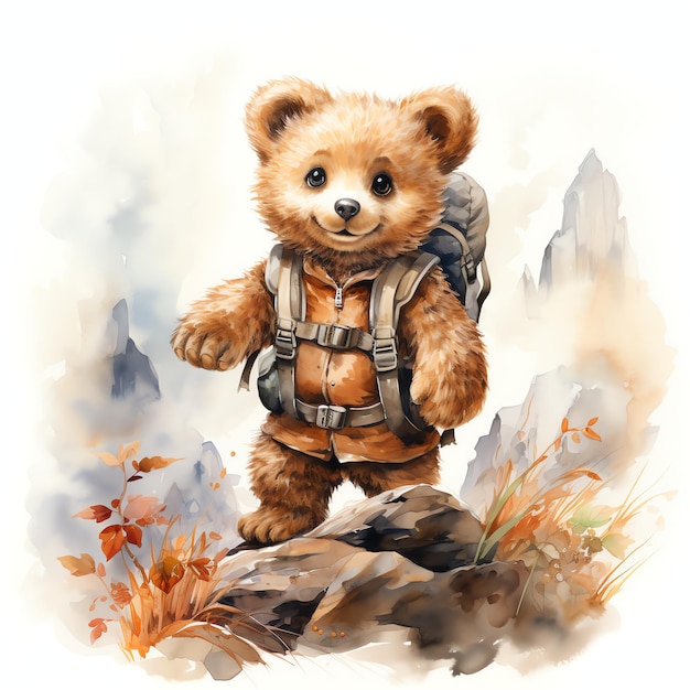 Fofo urso aquarela em viagem de estrada subindo na montanha ilustração ursinhos de pelúcia clipart