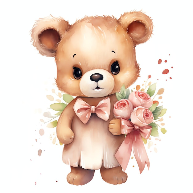 Fofo urso aquarela na ilustração de vestido rosa ursinhos de pelúcia clipart