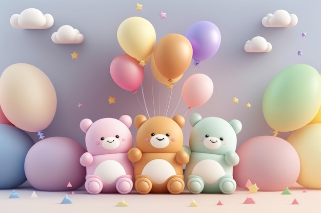 Fofo urso de pelúcia com balões em tons pastel Generative AI