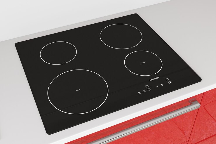 Foto fogão cooktop de indução moderno com closeup extrema de mobília de cozinha vermelha. renderização 3d