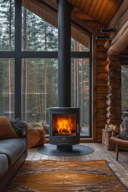 fogão de ferro em uma casa rústica com um fogo aceso dentro para aquecer a casa