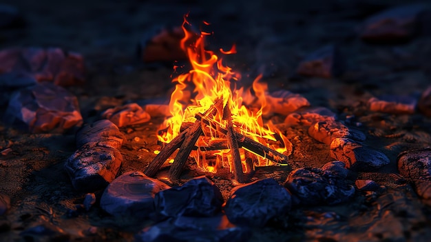 La fogata arde brillante por la noche el fuego está rodeado de rocas las llamas están bailando y las brasas están brillando