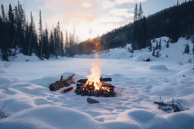 Fogata ardiendo en medio de un claro cubierto de nieve